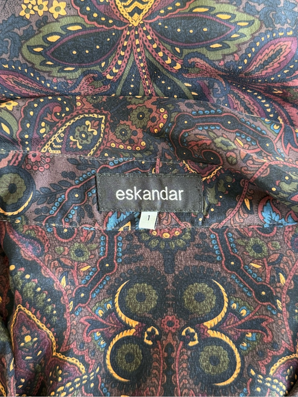 eskandar Printed Silk Button-Down Shirt with Oversized Billowy Collar 1 - Picture 4 of 5
